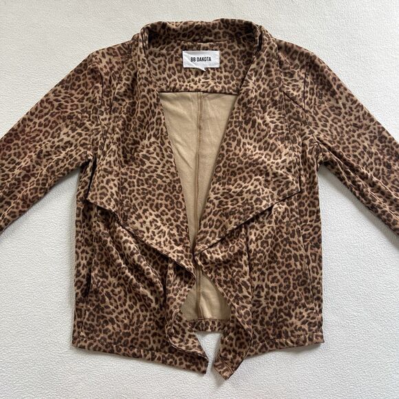 BB Dakota Women Faux Suede Brown Leopard Animal Print Open Drape Front Jacket S - Picture 5 of 11